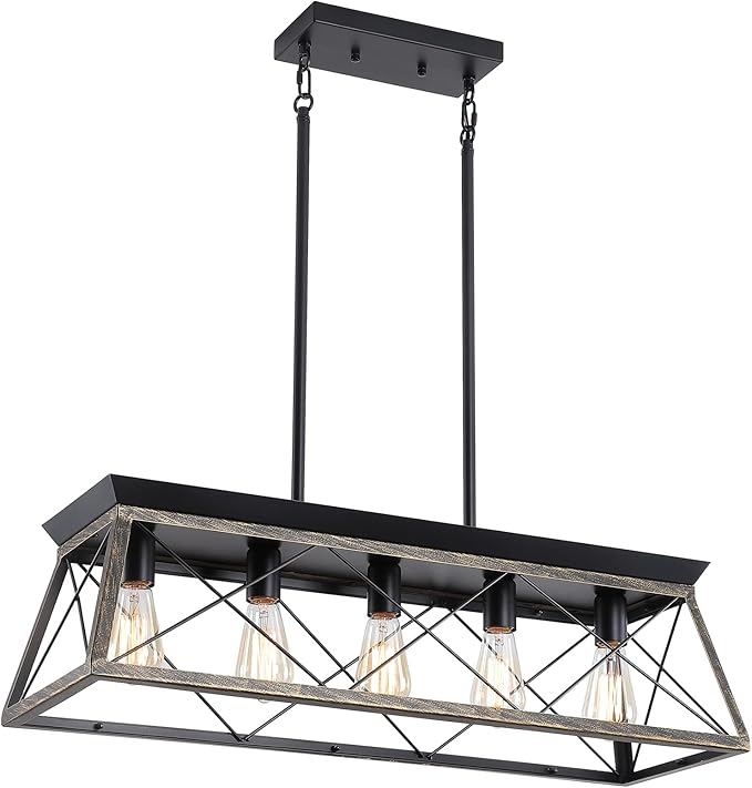 5-Light Pendant Lights Fixture, Farmhouse Chandeliers for Dining Room, Rustic Island Lights for Kitchen, Rectangular Chandelier Rustic Farmhouse Light Fxiture Gold&Black
