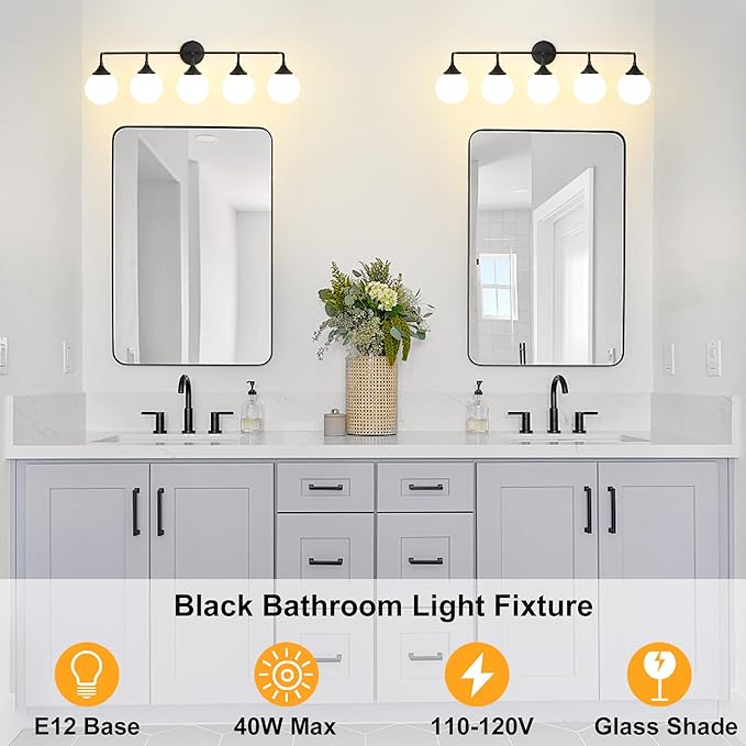 Black Bathroom Light Fixtures, Modern Vanity Lighting Over Mirror, Mid Century Brushed Brass Wall Sconce 5-Light with Milky White Glass Ball Shades