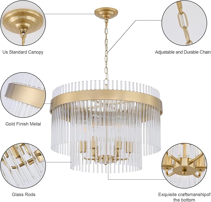 Dijiahua Modern Gold 23.6”Round Chandelier for Dining Room,6-Light Pendant Lights Kitchen Island 1 Pack,2-Tiers Luxury Brushed Brass Adjustable Cord Ceiling Hanging Lamp for for Entryway Living Room