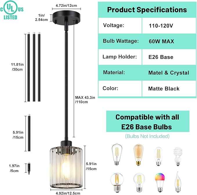 3 Pack Pendant Lights Kitchen Island, Matte Black Kitchen Pendant Lighting Over Table with Adjustable Rods, Modern Mini Crystal Hanging Pendant Light Fixtures for Dining Room Entryway Bedroom