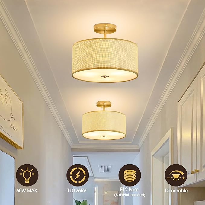 Fabric Semi Flush Mount Lighting Fixture, Modern Semi Chandeliers, Drum Farmhouse Ceiling Light, Beige Fabric Shade 3-Light for Kitchen Island Bedroom Hallway Foyer, E26, W12xH14
