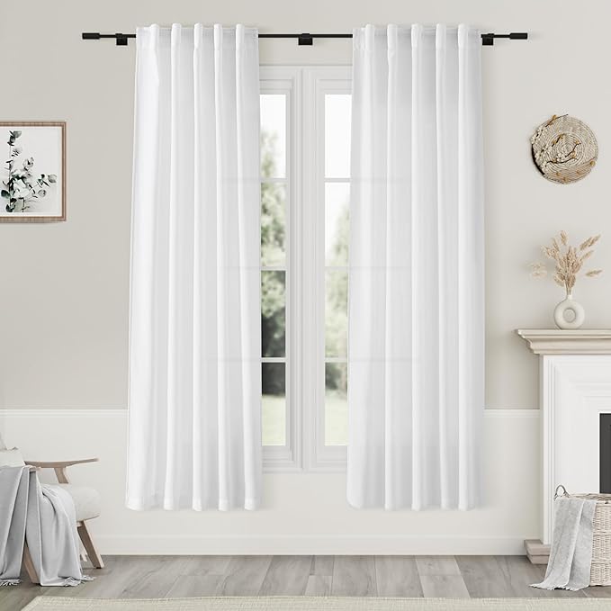 Nanspring White Linen Curtains 70 Inches Long 2 Panels Set Back Tab Rod Pocket Light Filtering Semi Sheer Linen Textured Elegant Farmhouse Airy Privacy Drapes for Bedroom Children Living Room 52x70
