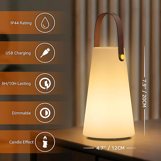 Outdoor Lanterns, GGII Rechargeable Camping Lantern with IP44 Waterproof, Battery Operated Outdoor Portable Cordless Table Lamp with RGB Lights for Patio Balcony Garden (Leather Handle)
