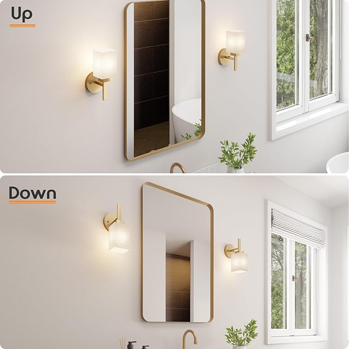 Vanity Lighting Fixtures with White Frosted Glass Shade, Brushed Gold Wall Lamps for Bathroom Mirror Bedroom Living Room Porch, 2 Pack T002GD-L1-P2