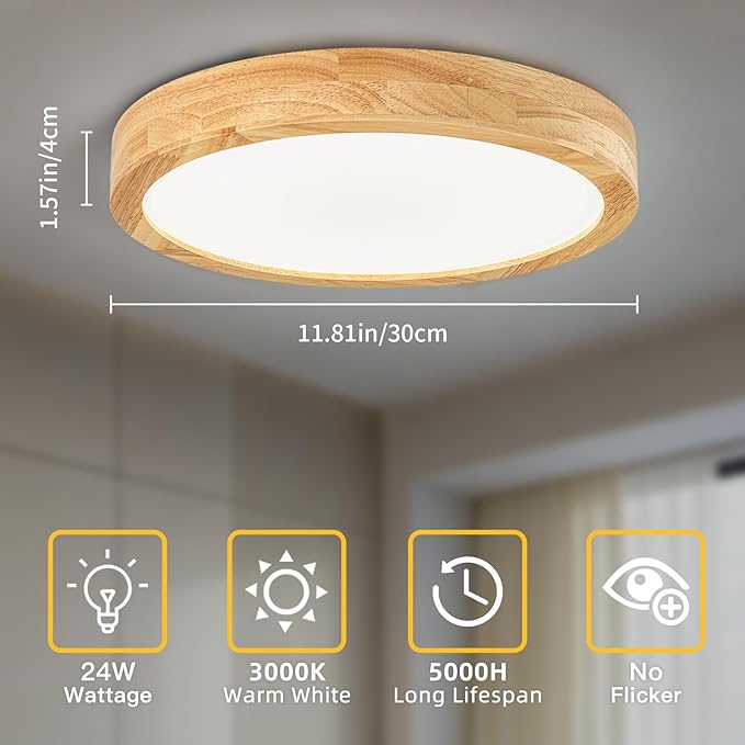 Modern Flush Mount Ceiling Light, LED Ceiling Light for Bedroom, Wood Light Fixture Warm White 4500K Not Dimmable, Round Flat Ceiling Lamp for Hallway, Kid's Room, Living Room, (Wood, 11.8")