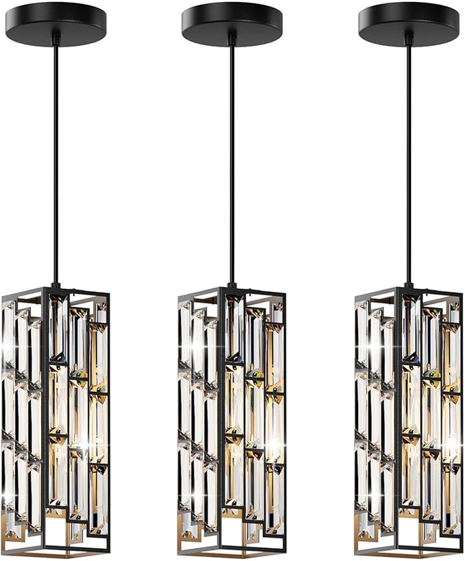 Black Pendant Lights Modern Pendant Light Fixture, Mini Crystal Pendant Ceiling Light, Pendant Light for Kitchen Island, Dinning Room, Bedroom, Kitchen Sink Lighting (3-Pack)