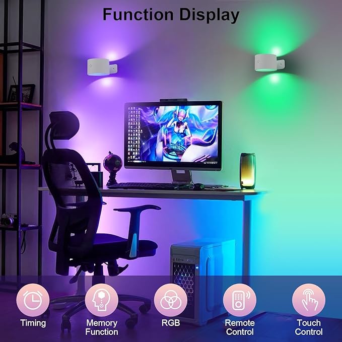 Lightess Battery Operated Wall Sconce Set of 2, 19 Colors Dimmable Wall Lights for Bedroom, 5000mAh Rechargeable Cordless Wall Lamps for Bedroom Hallway, White