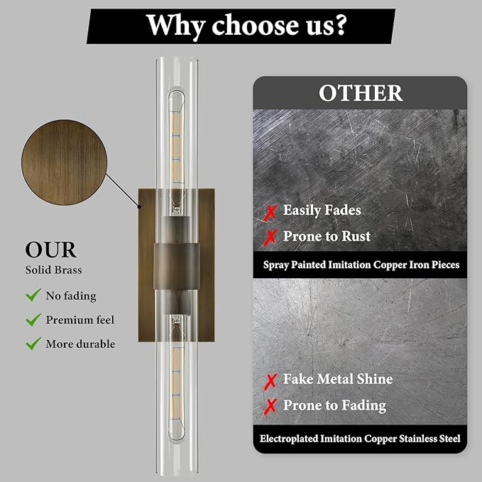 Linear Brass Bathroom Wall Sconce - Luxury Antique Brushed Sconces - Modern Gold Lighting with Clear Glass Tube - Dimmable Vanity Lights Fixture for Bedroom Living Room Hallway Indoor Decor