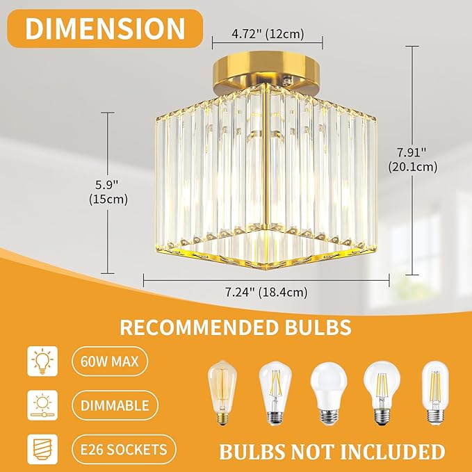 2-Pack Crystal Ceiling Light Fixture Modern Square Semi Flush Mount Ceiling Light Gold Hallway Light Fixtures Chandelier for Kitchen Entryway Bedroom Bathroom Laundry Foyer, 7.24Inch