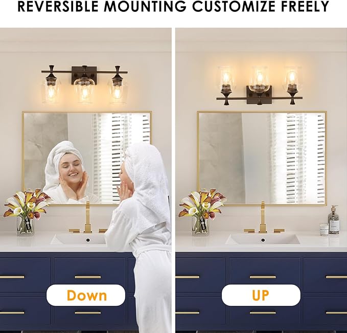 3 Light Bathroom Vanity Light - Coffee Bathroom Lighting Fixtures Over Mirror, Modern Wall Sconces with Transparent Glass Lampshade for Bedroom Living Room Kitchen Cabinet Stair Hallway