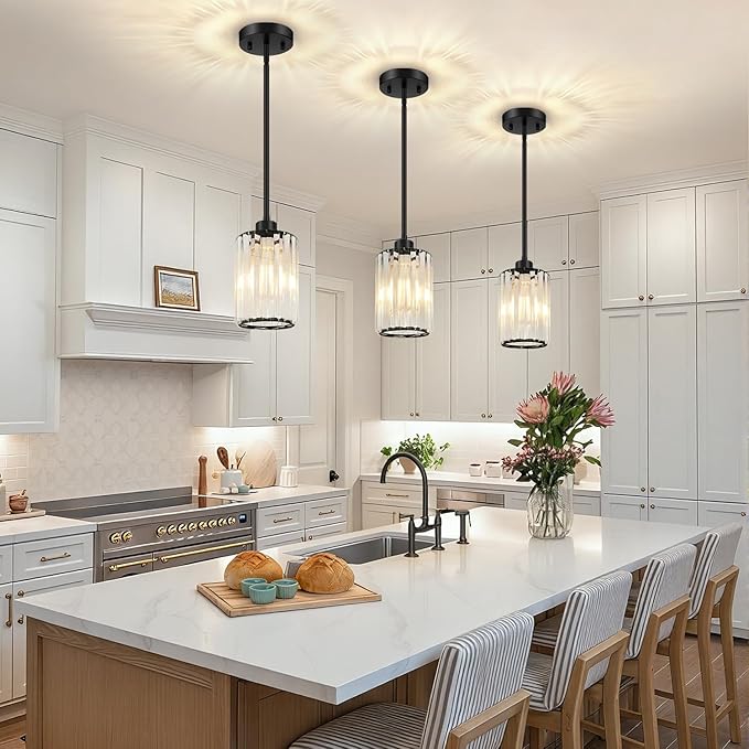 MQMQA 3 Pack Matte Black Pendant Lights Kitchen Island, Modern Crystal Chandelier Kitchen Pendant Lighting Over Island, Adjustable Hanging Mini Light Fixtures for Dining Room Hallway Corridor Bedroom
