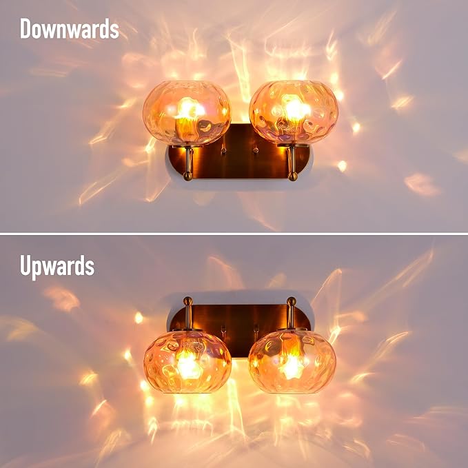 Brushed Gold Vanity Light Amber Hammered Glass Wall Sconce 2-Light Brass Wall Lamp for Hallway Living Room Stairwell Bathroom Over Mirror