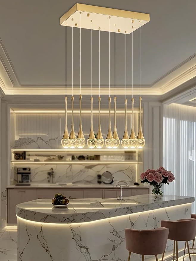 ykolupty Rectangular Chandeliers for Entryway Gold Dining Room Lights Fixture Raindrop Crystal Chandelier for Staircase Hallway Foyer