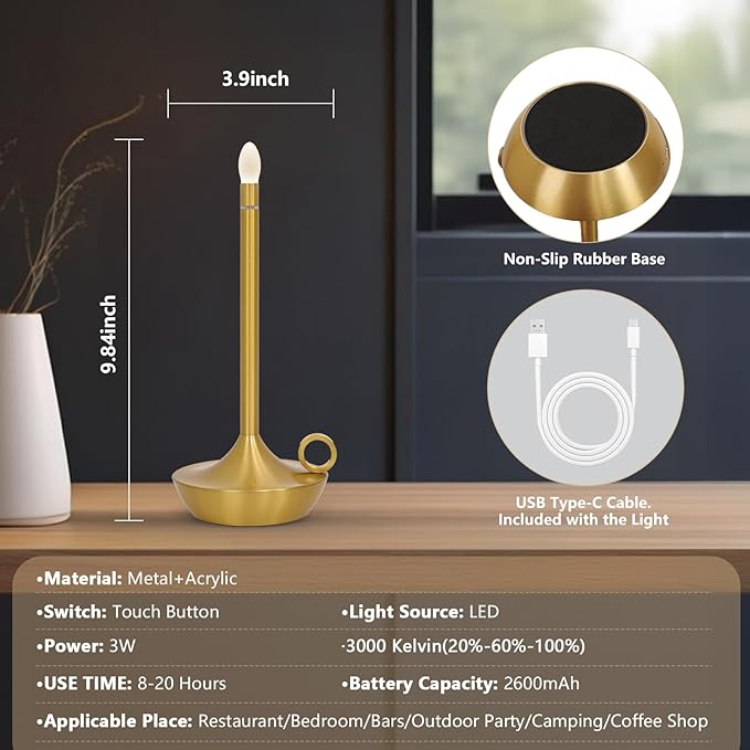 Small Gold Table Lamp, Cordless Portable LED Lamp, Rechargeable Battery Table Lamps,Stepless Dimming Table Lamps for Dining Room, Bedroom, Bedside, Night Light, Balcony , Outdoor,Coffee,Bar ( (gold)