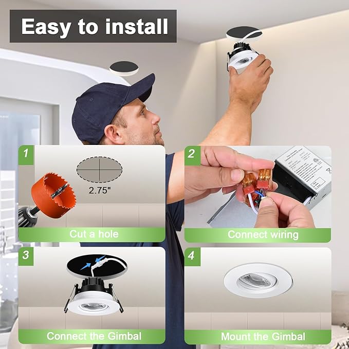POPANU Canless Recessed Gimbal Downlight Rotatable-Spotlight 5 CCT 3 Inch Eyeball Ceilling Potlight, Dimmable Recessed Lights Fixture with Junction Box, 8W CCT Adjustable, Black Round Trim, 6 Pack
