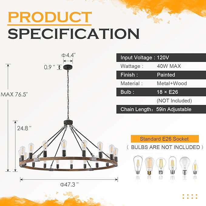 Benkut Farmhouse Wagon Wheel Chandelier 47" Black Rustic Light Fixtures 18-Light Wood Round Chandelier for Foyer Living Room Entryway Dining Room