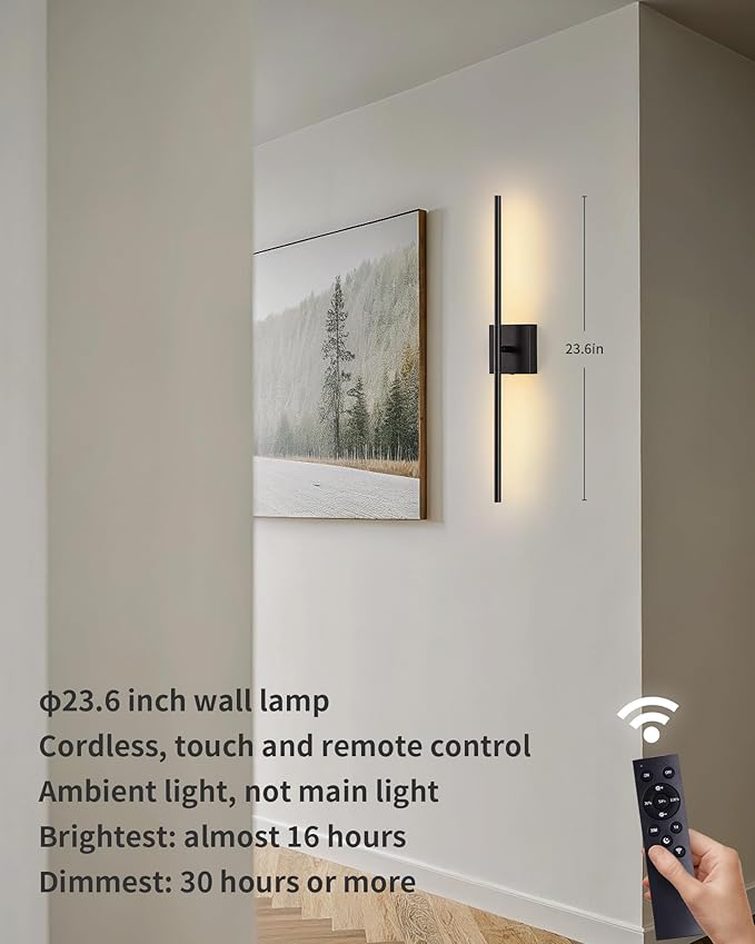 KDG Cordless Wall Sconces Set of 2, Wireless 5200mAh Rechargeable Battery Operated LED Wall Lamps with Remote, 360° Rotate Lightings for Wall Painting, Bedroom, Hallway, Night Light 23.6 inch (Black)