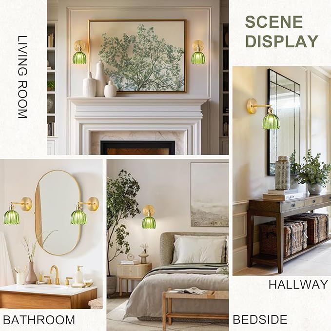 Hardwired Wall Sconce Light, Vintage Wall Sconce with Switch, Gold Wall Light Fixture with Tulip Green Glass Lampshade, Indoor Wall Light for Bedroom Bathroom, Bedside Wall Lamp