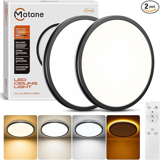 Matane 2Pack 12in LED Flush Mount Ceiling Light Fixture with Remote Control, Nightlight 2000K Warm, 3000K-6500K Adjustable, Low Profile Ceiling Lights for Bedroom, Kitchen, Living Room, Black