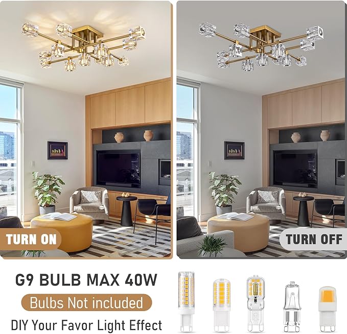 Modern Ceiling Light Fixture with 13-Lights,Gold Semi Flush Mount Ceiling Light,Crystal Sputnik Chandeleirs,Modern Ceiling Lights for Living Room,Dining Room,Kitchen Island,Bedroom
