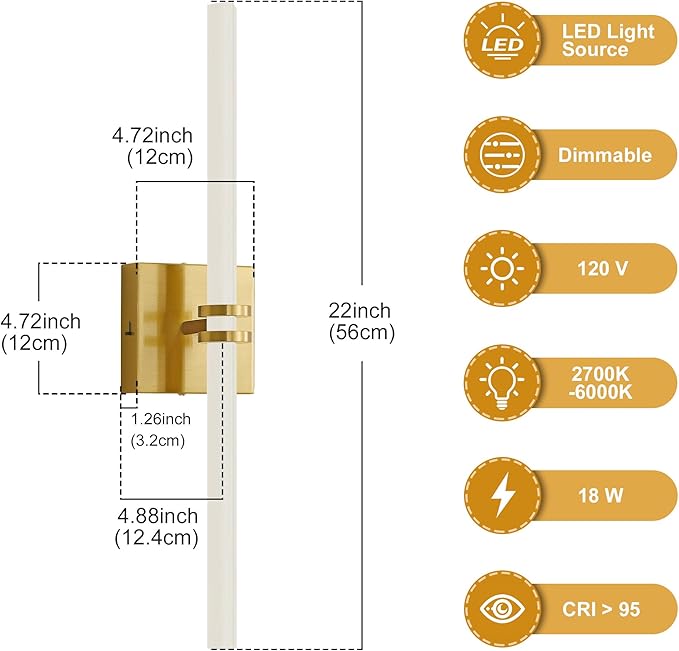 Bathroom Light Fixtures,Gold 18W LED 360° Full Lighting Modern Wall Sconce Vanity Ligh with 5-Color Dimmable 3000K-6000K, 22.05inch Vanity Lighting for Bath, Powder Room, Bedroom, Hallway