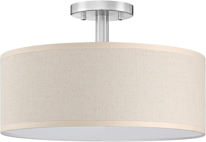3 Light 12 Inch Semi Flush Mount Close to Ceiling Light Fixture,Off White Fabric Shade Brushed Nickel Finish for Bedroom,Living Room,Dining Room Hallway