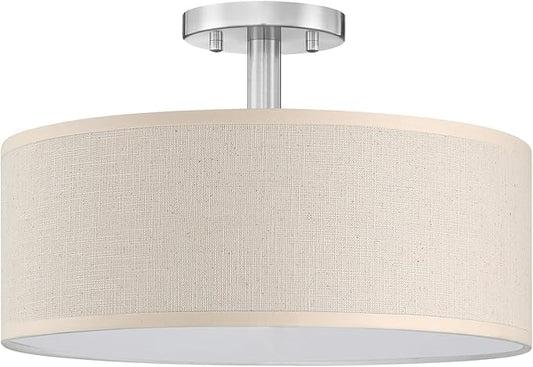 3 Light 12 Inch Semi Flush Mount Close to Ceiling Light Fixture,Off White Fabric Shade Brushed Nickel Finish for Bedroom,Living Room,Dining Room Hallway