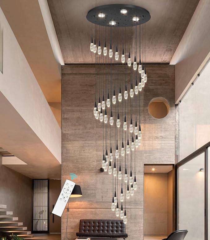 56-Lights 20 Feet Large Modern Chandelier LED Light Fixtures High Ceiling Long Light Chandelier for Entrance Foyer Dimmable Lights with Remote Living Room Ceiling Pendant Lighting Black