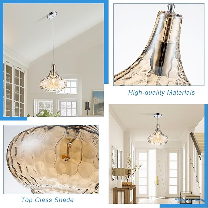 Amber Glass Pendant Light - 11-Inch Hammered Glass Ceiling Light with Brushed Nickel Finish, Adjustable Hanging Cord, Modern Lighting for Kitchen Island, Dining Room, Living Room & Hallway