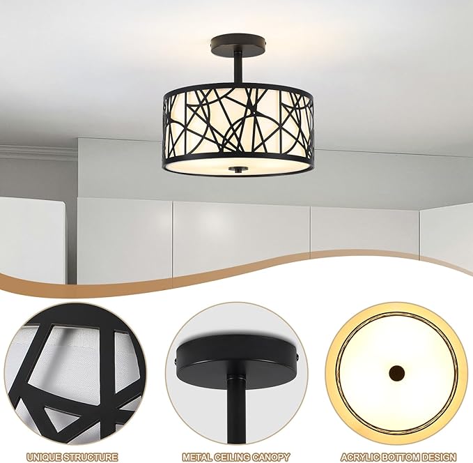 BUXVRCS Semi Flush Mount Ceiling Light, Unique 3-Light Drum Light Fixture with Fabric Shade, Kitchen Light Fixtures Ceiling Mount, Modern Close to Ceiling Lamp for Living Room (Black)