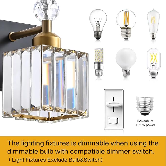 PRESDE 4-Light Crystal Vanity Light for Bathroom Modern Black and Gold Bathroom Lights Fixtures Over Mirror Modern Bath Wall Lighting