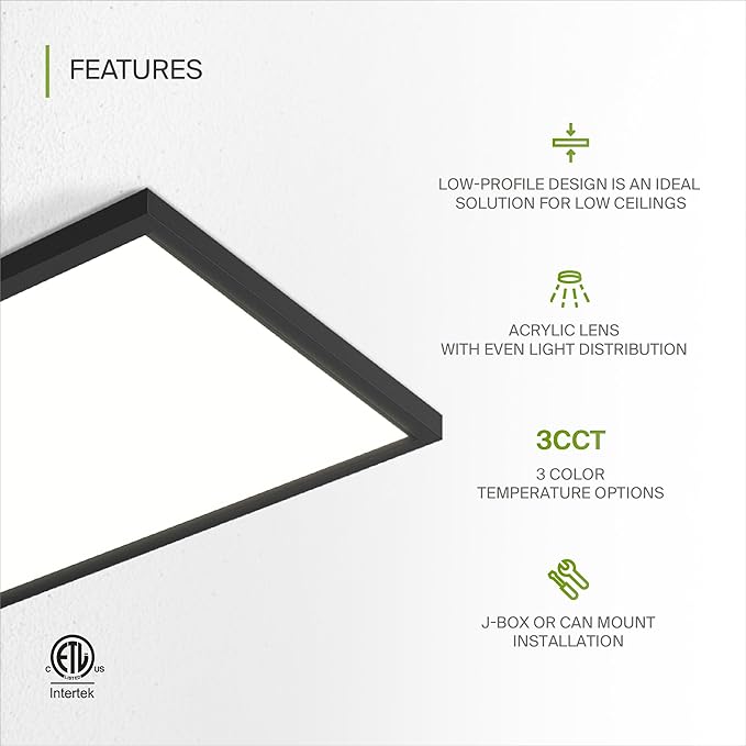 ASD LED 12" Square Flush Mount Light | 24W 1820LM 3000-5000K 120V | 3CCT, Dimmable, Ultra Slim, ETL Listed | Thin Surface Lamp, Bedroom Ceiling Lighting | Black