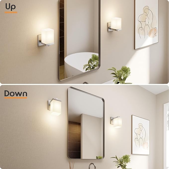 Bathroom Lighting Fixtures Brushed Nickel Vanity Lights with White Frosted Glass Shade, Wall Lamps Over Mirror for Bedroom Porch, 2 Pack T003BR-L1-P2