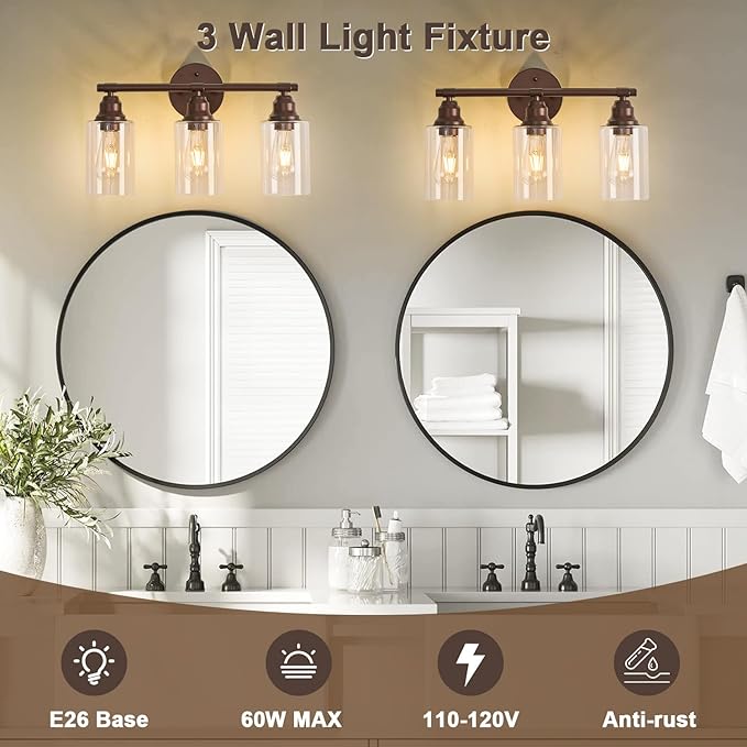 Refice Bathroom Vanity Lights Over Mirrors 3-Light Oil Rubbed Bronze Bathroom Light Fixtures with Clear Glass Shades for Mirror, Living Room, Farmhouse,Hallway (Bulbs Not Included)