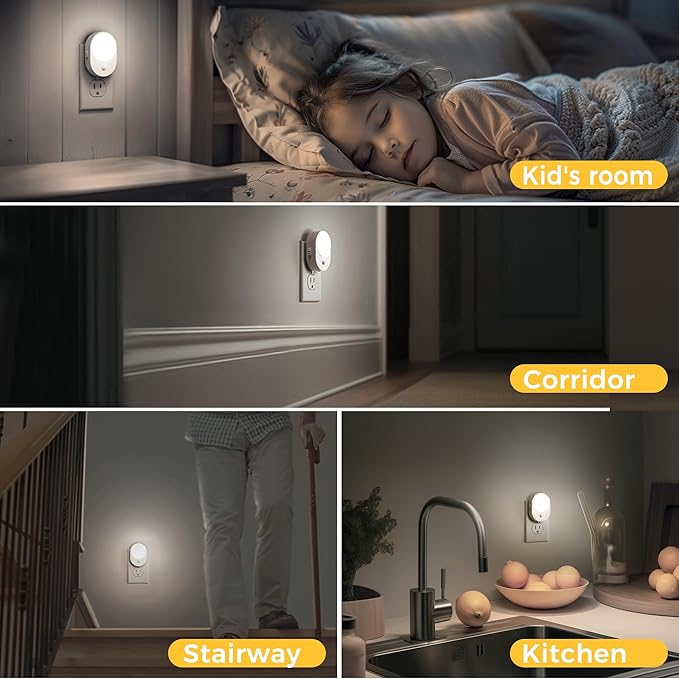 L LOHAS LED Plug in Night Light with Motion Sensor and Dusk to Dawn Sensor,[4-Pack] Night Lights Plug into Wall,5000K Daylight White,30/60/100LM Dimmable Nightlight for Bathroom Hallway