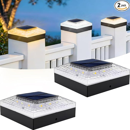 4x4 Post Solar Lights, 3 Colors Fence Light Solar Powered, 2 Brightness Solar Post Cap Lights Waterproof for Wood/Vinyl Posts, Garden, Patio, Deck, Hammered Light, 2 Pack
