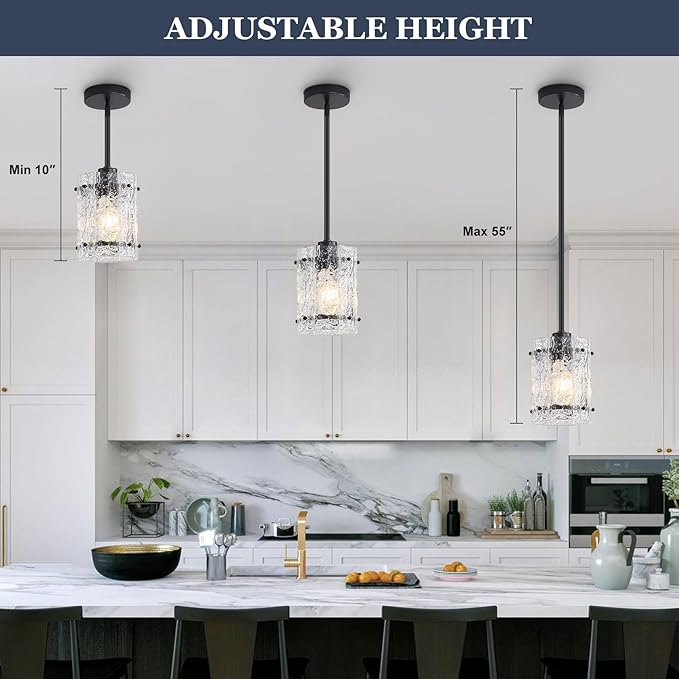 Black Glass Pendant Lights Kitchen Island, Water Ripple Round Pendant Lights Adjustable Modern Hanging Pendant Light Fixtures for Kitchen Island Dining Room Above Sink Foyer Entryway 1 Pack