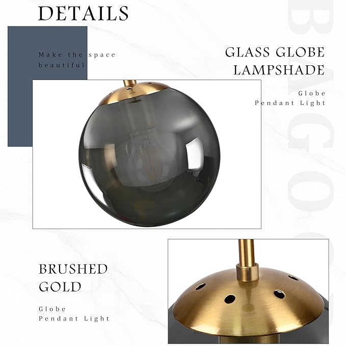 Bagood 8 Inch Globe Pendant Light Gold Globe Pendant Lights Kitchen Island Mid Century Light Fixture with Gray Clear Glass Contemporary Adjustable Hanging Lights for Dining Room (Bulb Included)