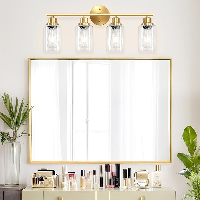4-Light Gold Bathroom Light Fixtures, E26 Modern Vanity Lights for Bathroom with Clear Glass Shade, Wall Lamps for Mirror Hallway Kitchen Cabinet Living Room Sconces Lights