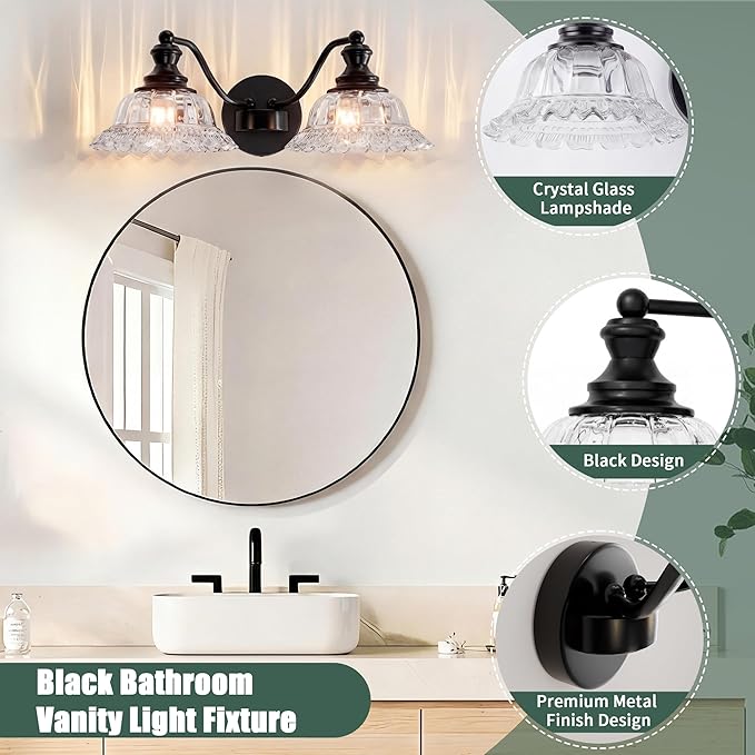 Espird 2 Lights Bathroom Vanity Light Fixtures, Vintage Black Vanity Lights for Bathroom, Farmhouse Antique Light Fixtures Over Mirror with Crystal Glass Shade
