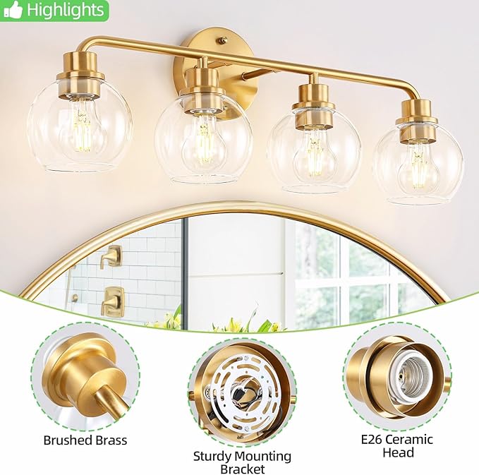 Bathroom Light Fixtures Gold Vanity Light 4 Light Wall Sconces Lighting Brushed Brass Lights with Clear Globe Glass Shades Bath Wall Lamp for Mirror Kitchen Living Room Bedroom Hallway 27 Inch