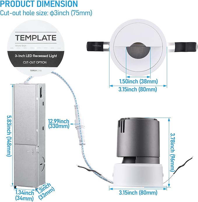 TORCHSTAR 3 Inch 5CCT LED Asymmetric Wallwasher Recessed Lights with J-Box, 35° Ultra-Narrow Trim Recessed Ceiling Spotlight, IC Rated, Dimmable, Anti-Glare, CRI90, 2700-5000K, ETL FCC, Pack of 4