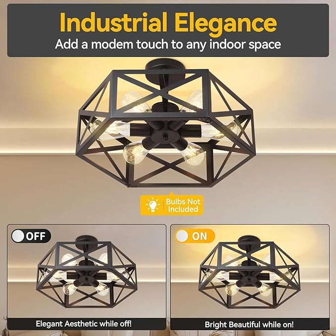 Semi Flush Mount Ceiling Light Fixtures, 6-Light Modern Metal Farmhouse Semi Flush Mount Chandelier, Industrial Ceiling Mount Light Fixtures for Kitchen Island, Dining Room, Entryway, Hallway