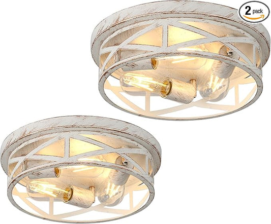 2 Pack Flush Mount Ceiling Light, 3-Light Close to Ceiling Light Fixtures, 13 Inch Metal Ceiling Lights for Bedroom, Living Room, Porch Kitchen (White + Gold)