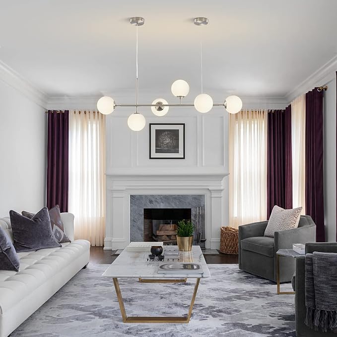 BOKT Modern 6-Light Ceiling Pendant Lighting Mid-Century Large Globes Sputnik Chandelier Brushed Nickel Milk Glass Globe Linear Pendant Light Dining Room Flush Mount Ceiling Lamp