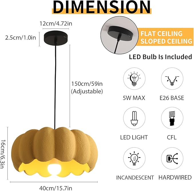 JAYMP Yellow Pumpkin Shape Pendant Light for Dining Room Kitchen Island Hallway Farmhouse Style Hanging Lamp E26 Base, 40cm/15.8in