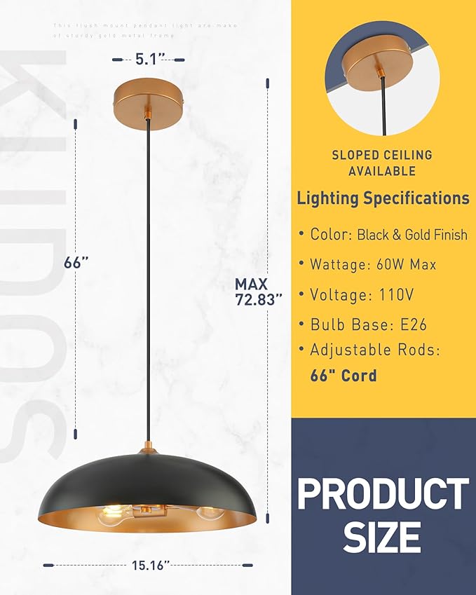 kudos 3-Light Pendant Lights, Modern Pendant Lights Kitchen Island with Matte Black Metal Finish and Gold Interior, Hanging Lamp with Adjustable Cord for Hallway Kitchen Bar Bedroom, KDPL02-BKE