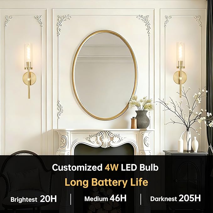 Shenmoyl Battery Operated Wall Sconces Set of 2, Gold Rechargeable Wall Lighting Fixtures, Dimmable Wall Lights with Remote & Clear Glass Shade for Living Room, Bathroom,Bedroom
