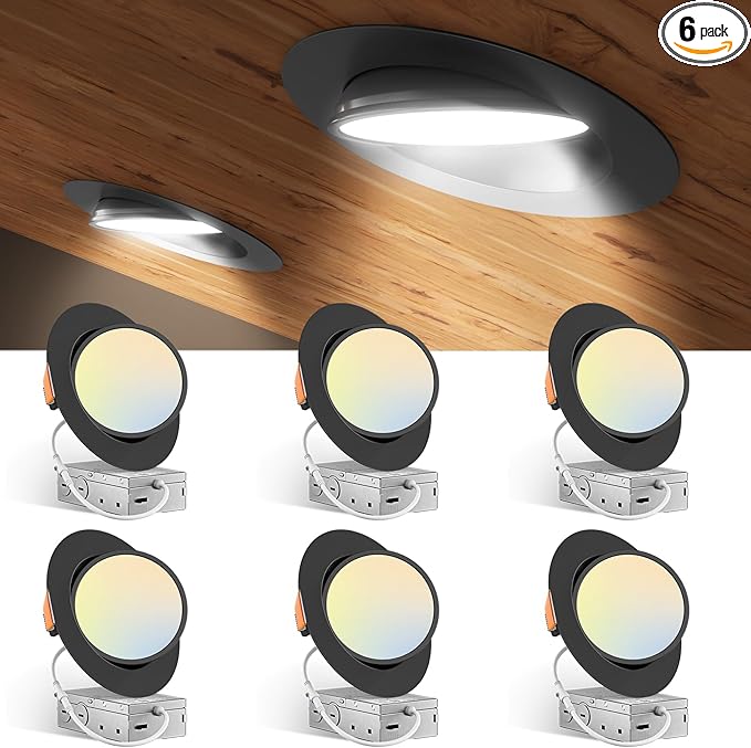 Amico 6 Pack 6 Inch 5CCT Gimbal LED Recessed Lighting, 360°&90° Adjustable Eyeball Directional Downlight, Dimmable, 2700K/3000K/3500K/4000K/5000K Selectable, CRI90+ 12W 1200LM, Black, ETL&FCC