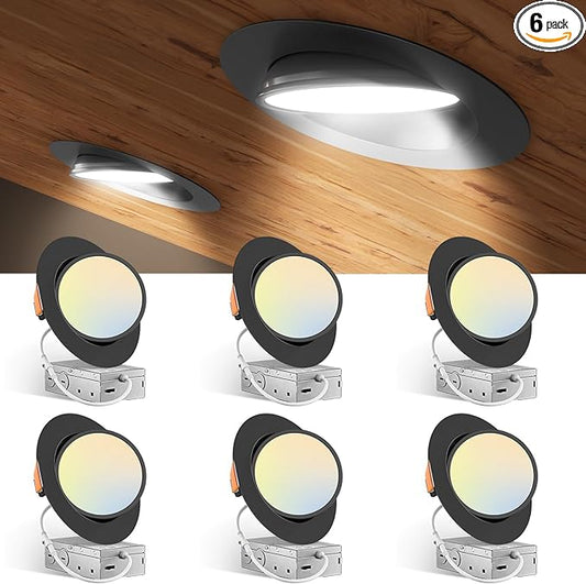 Amico 6 Pack 6 Inch 5CCT Gimbal LED Recessed Lighting, 360°&90° Adjustable Eyeball Directional Downlight, Dimmable, 2700K/3000K/3500K/4000K/5000K Selectable, CRI90+ 12W 1200LM, Black, ETL&FCC